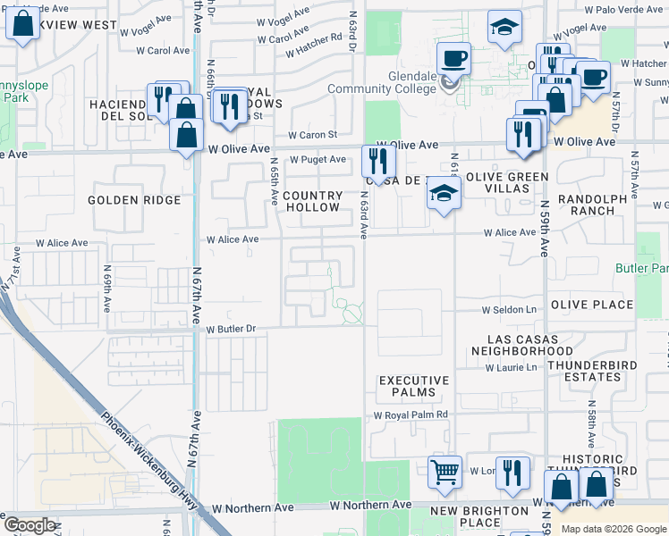 map of restaurants, bars, coffee shops, grocery stores, and more near 8560 North 63rd Lane in Glendale