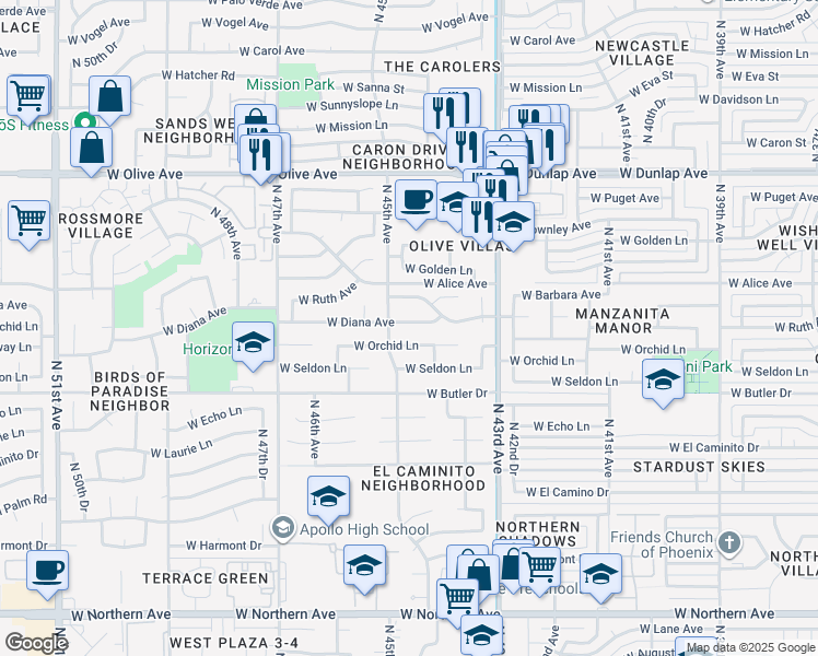 map of restaurants, bars, coffee shops, grocery stores, and more near 4425 West Diana Avenue in Glendale