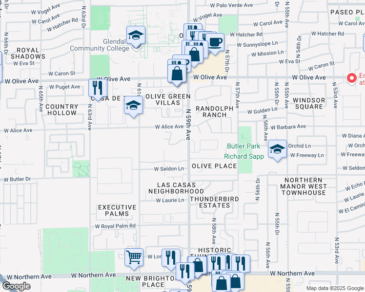 map of restaurants, bars, coffee shops, grocery stores, and more near 8608 North 59th Avenue in Glendale
