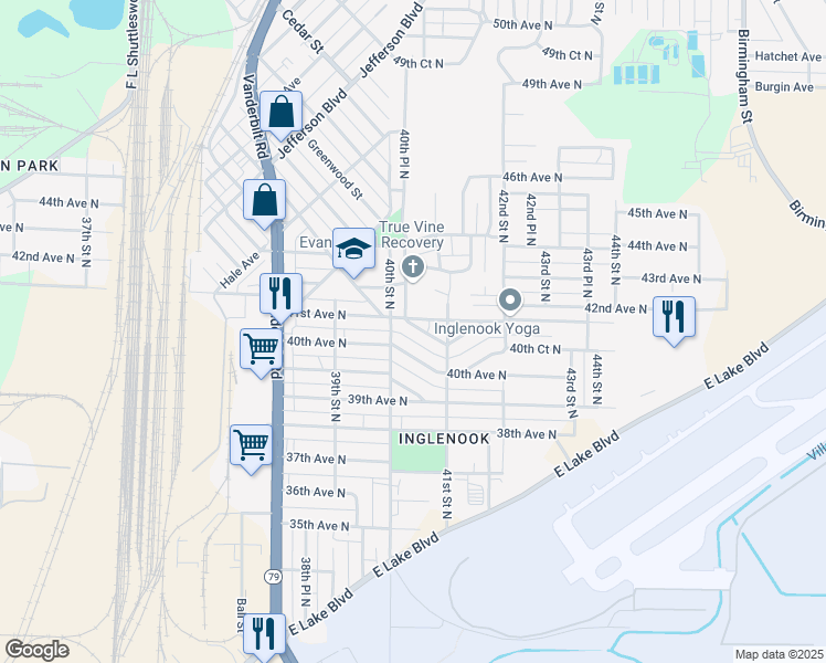 map of restaurants, bars, coffee shops, grocery stores, and more near 4017 40th Terrace North in Birmingham