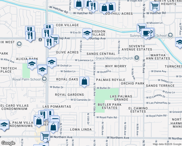 map of restaurants, bars, coffee shops, grocery stores, and more near 1509 West Orchid Lane in Phoenix