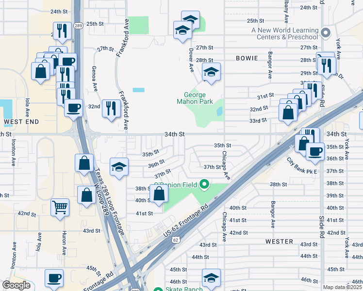 map of restaurants, bars, coffee shops, grocery stores, and more near 3407 Englewood Avenue in Lubbock