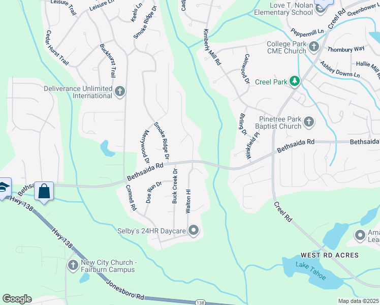 map of restaurants, bars, coffee shops, grocery stores, and more near 7055 Brown Drive South in Fairburn
