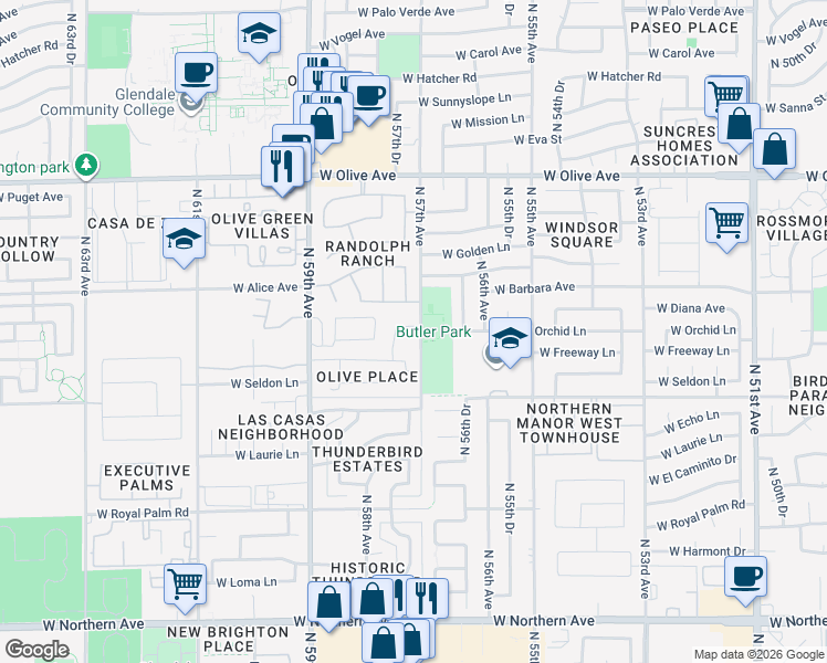map of restaurants, bars, coffee shops, grocery stores, and more near 8662 North 57th Avenue in Glendale