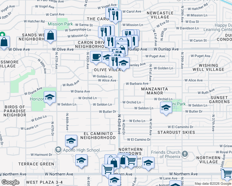 map of restaurants, bars, coffee shops, grocery stores, and more near 4309 West Ruth Avenue in Glendale