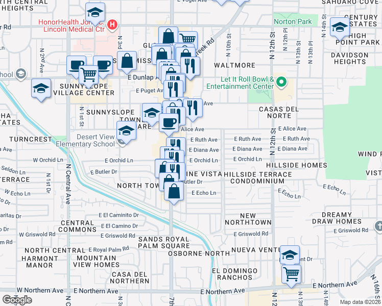 map of restaurants, bars, coffee shops, grocery stores, and more near 805 East Diana Avenue in Phoenix