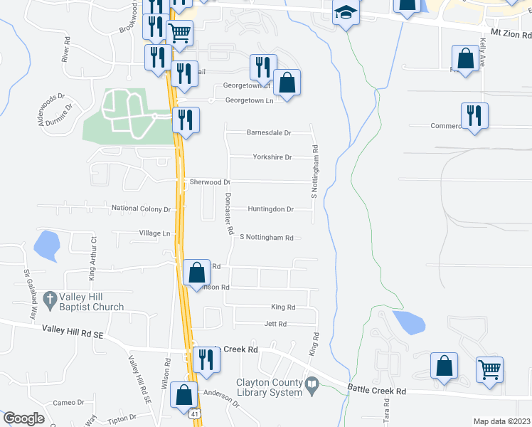 map of restaurants, bars, coffee shops, grocery stores, and more near 761 Huntingdon Drive in Jonesboro