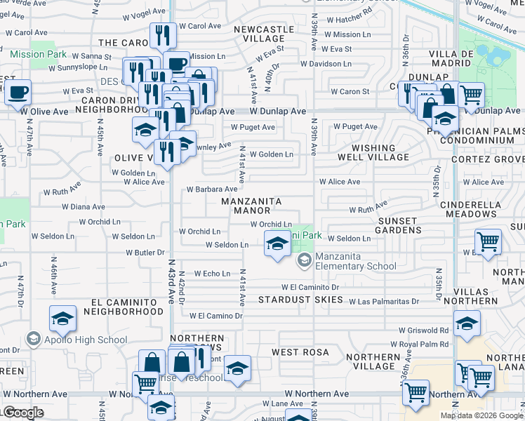 map of restaurants, bars, coffee shops, grocery stores, and more near 8601 North 40th Drive in Phoenix