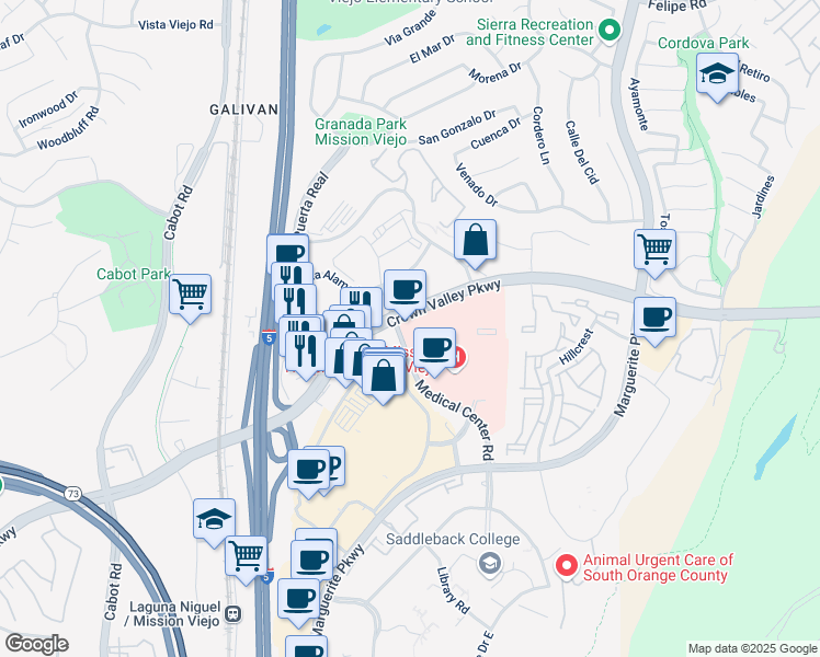 map of restaurants, bars, coffee shops, grocery stores, and more near 27792-27864 Medical Center Road in Mission Viejo
