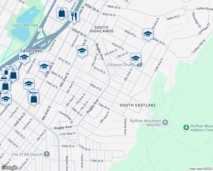 map of restaurants, bars, coffee shops, grocery stores, and more near 8038 Rugby Avenue in Birmingham
