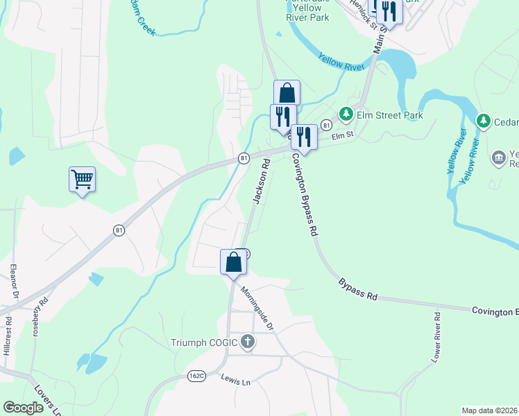 map of restaurants, bars, coffee shops, grocery stores, and more near 13 Jackson Street Southwest in Covington