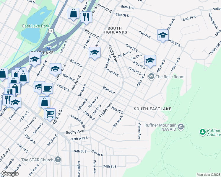 map of restaurants, bars, coffee shops, grocery stores, and more near 721 80th Place South in Birmingham