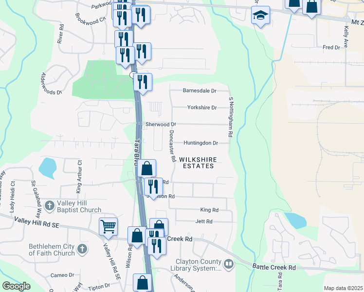 map of restaurants, bars, coffee shops, grocery stores, and more near 721 Huntingdon Drive in Jonesboro