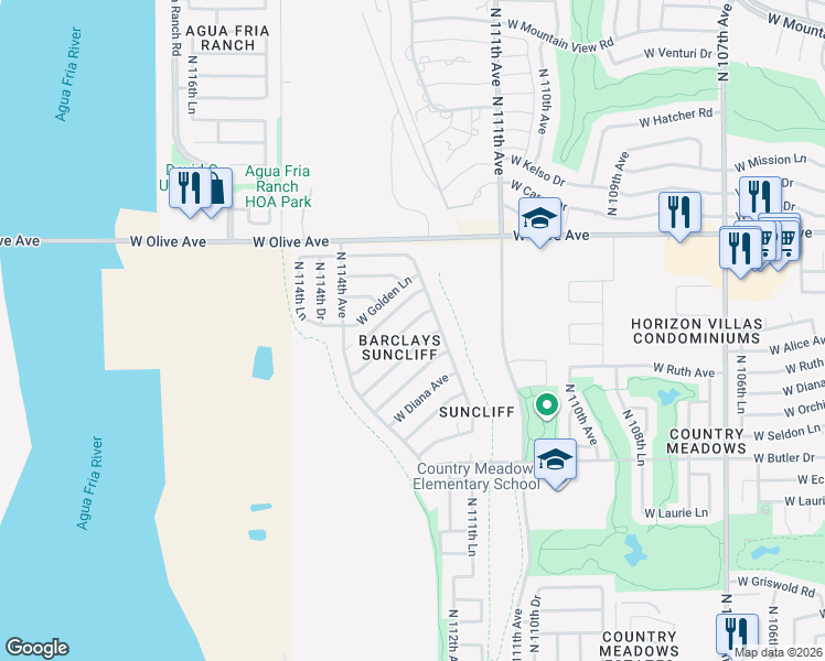 map of restaurants, bars, coffee shops, grocery stores, and more near 11223 West Alice Avenue in Peoria