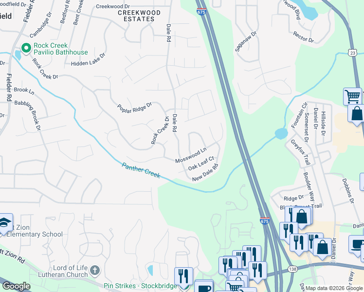 map of restaurants, bars, coffee shops, grocery stores, and more near 7018 New Dale Road in Rex