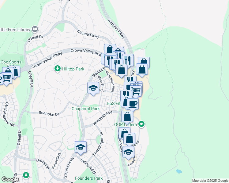 map of restaurants, bars, coffee shops, grocery stores, and more near 602 Mercantile Way in Ladera Ranch