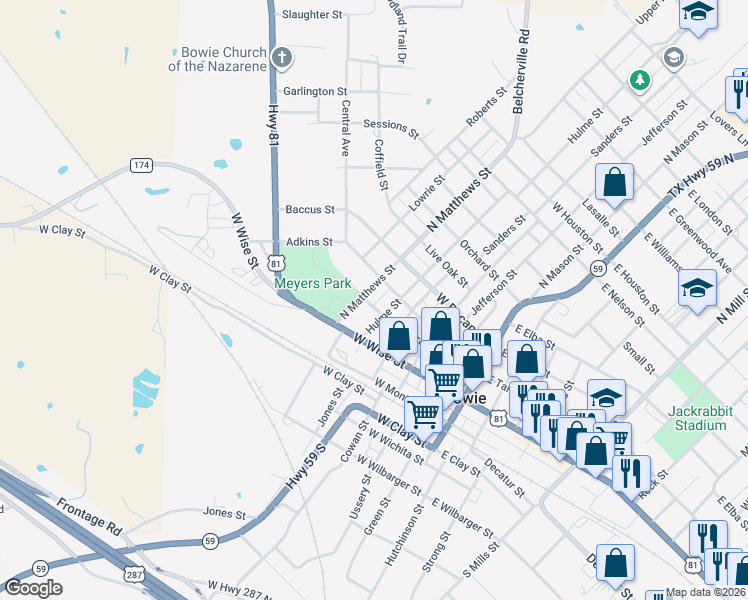 map of restaurants, bars, coffee shops, grocery stores, and more near 507 West Tarrant Street in Bowie