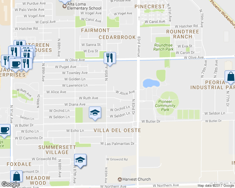 map of restaurants, bars, coffee shops, grocery stores, and more near 8413 W Alice Ave in Peoria