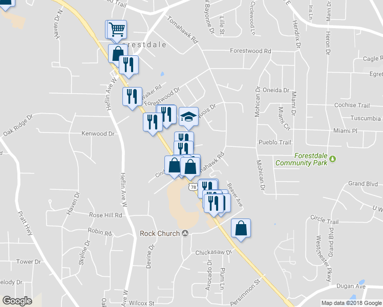 map of restaurants, bars, coffee shops, grocery stores, and more near 211 Cindy Lane in Birmingham