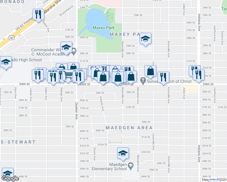map of restaurants, bars, coffee shops, grocery stores, and more near 4102 35th Street in Lubbock