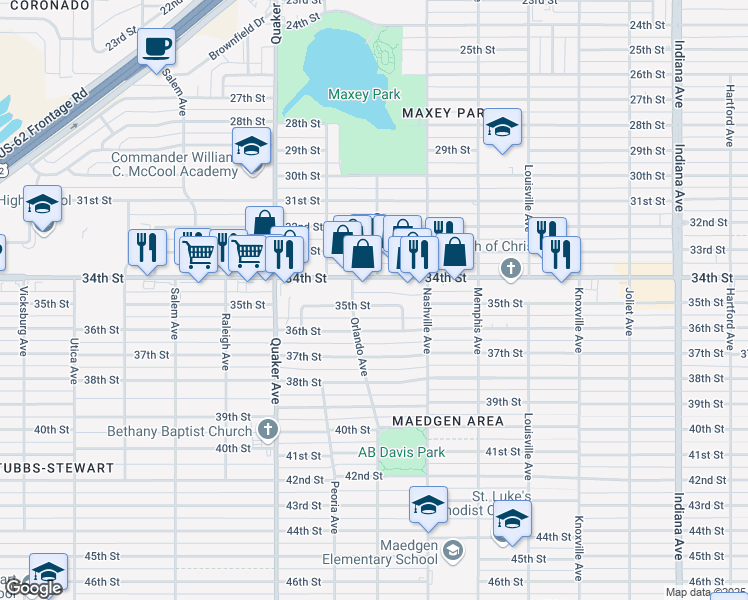 map of restaurants, bars, coffee shops, grocery stores, and more near 4114 35th Street in Lubbock