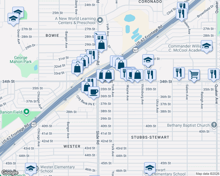 map of restaurants, bars, coffee shops, grocery stores, and more near 5104 35th Street in Lubbock