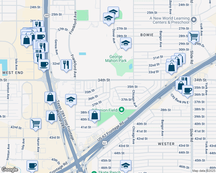 map of restaurants, bars, coffee shops, grocery stores, and more near 3407 Englewood Avenue in Lubbock