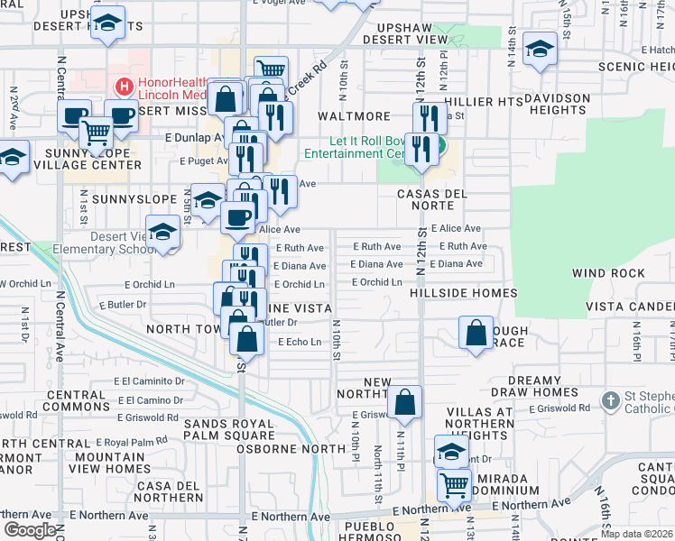map of restaurants, bars, coffee shops, grocery stores, and more near 1001 East Diana Avenue in Phoenix