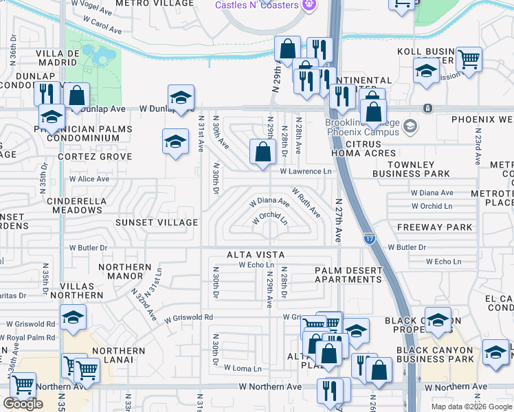 map of restaurants, bars, coffee shops, grocery stores, and more near 2917 West Diana Avenue in Phoenix