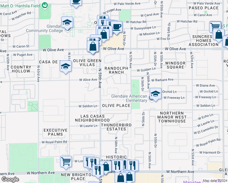 map of restaurants, bars, coffee shops, grocery stores, and more near 8605 North 59th Avenue in Glendale