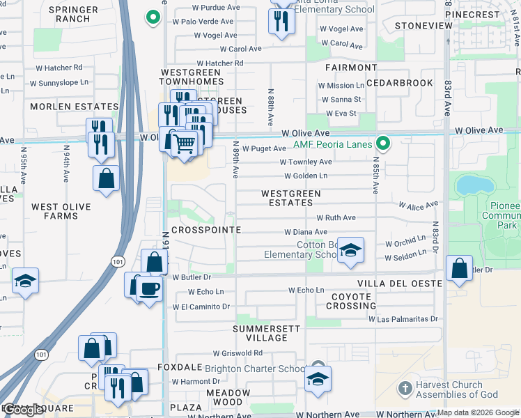 map of restaurants, bars, coffee shops, grocery stores, and more near 8821 West Alice Avenue in Peoria