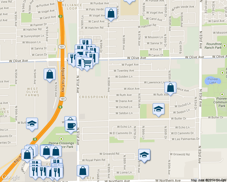 map of restaurants, bars, coffee shops, grocery stores, and more near 8821 West Alice Avenue in Peoria