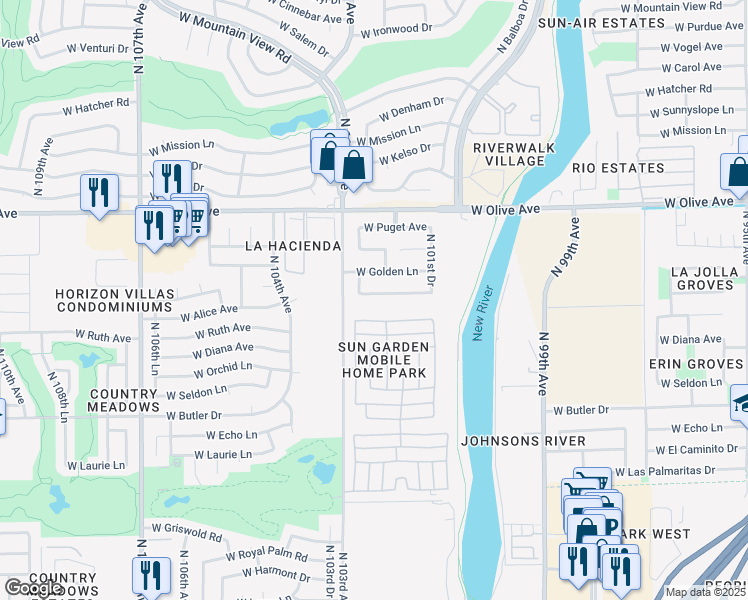 map of restaurants, bars, coffee shops, grocery stores, and more near 10219 West Lawrence Lane in Peoria