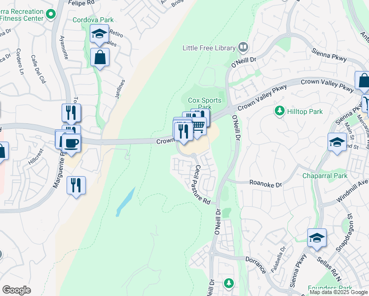 map of restaurants, bars, coffee shops, grocery stores, and more near 27702 Crown Valley Parkway in Ladera Ranch