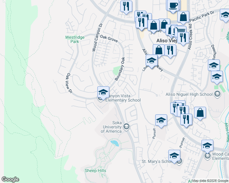 map of restaurants, bars, coffee shops, grocery stores, and more near 43 Trofello Lane in Aliso Viejo