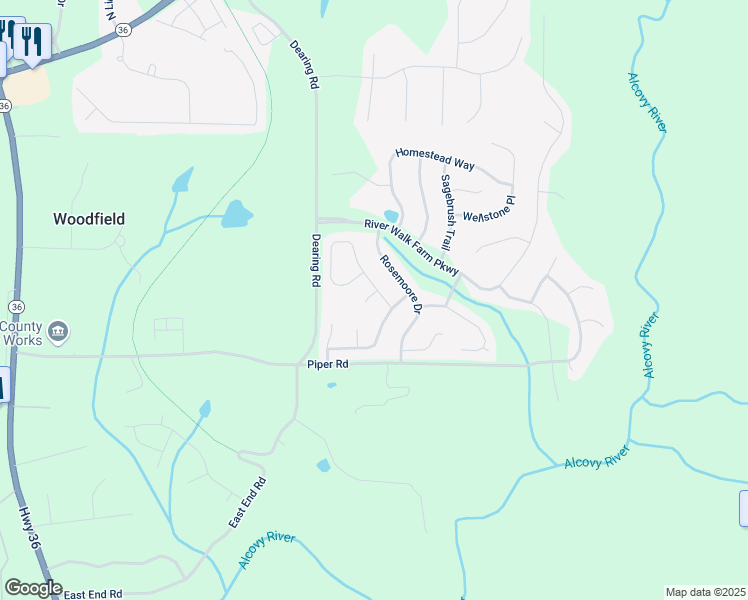 map of restaurants, bars, coffee shops, grocery stores, and more near 35 Kestrel Circle in Covington