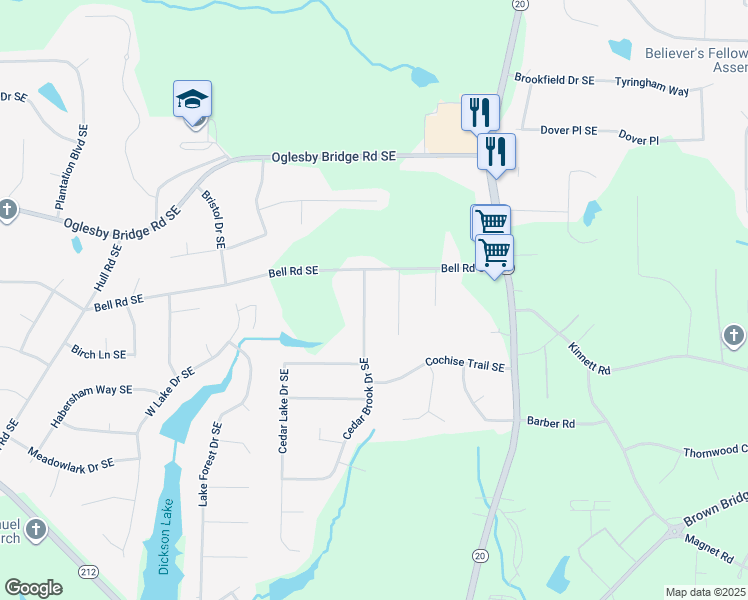 map of restaurants, bars, coffee shops, grocery stores, and more near 4630 Cedar Brook Drive Southeast in Conyers