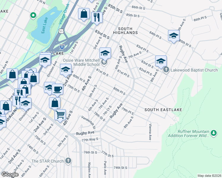 map of restaurants, bars, coffee shops, grocery stores, and more near 618 80th Place South in Birmingham