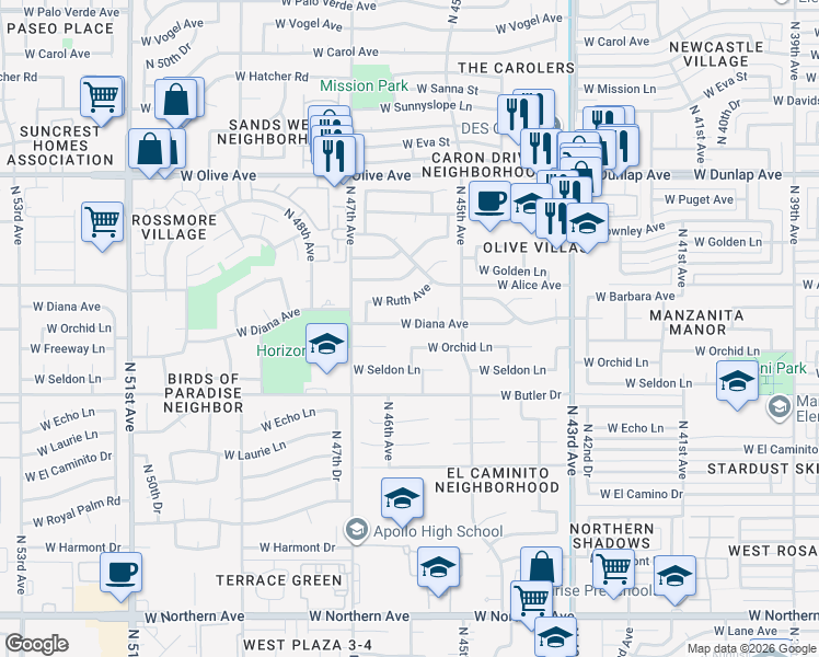 map of restaurants, bars, coffee shops, grocery stores, and more near 4539 West Diana Avenue in Glendale