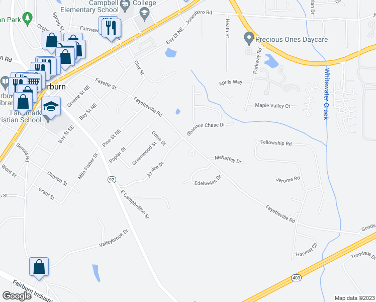 map of restaurants, bars, coffee shops, grocery stores, and more near 379 Fayetteville Road in Fairburn