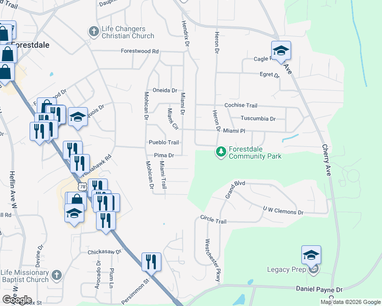 map of restaurants, bars, coffee shops, grocery stores, and more near 738 Pima Drive in Birmingham
