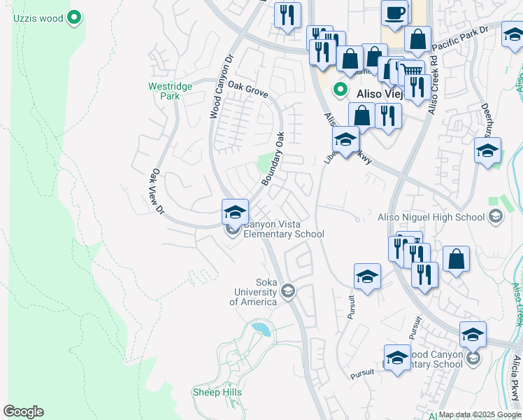 map of restaurants, bars, coffee shops, grocery stores, and more near 43 Trofello Lane in Aliso Viejo