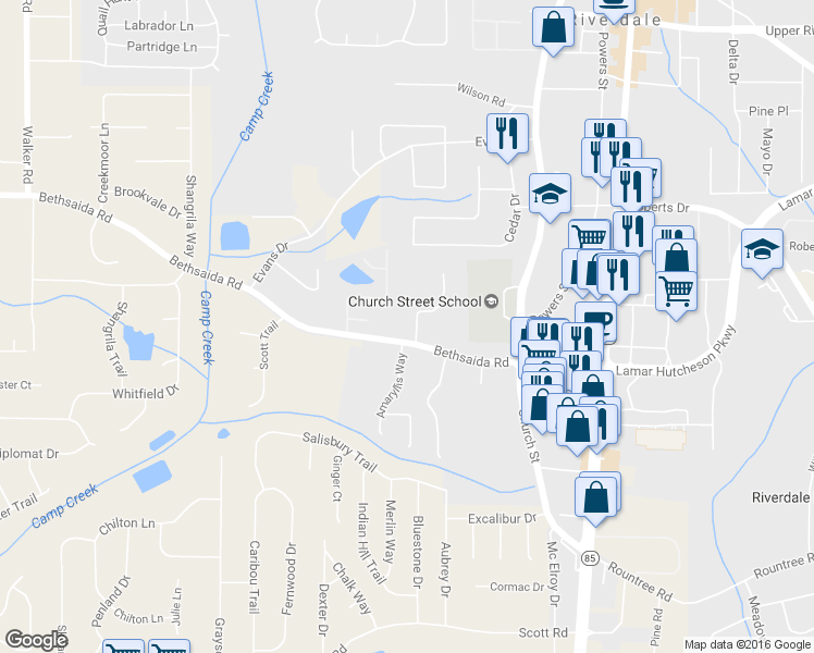 map of restaurants, bars, coffee shops, grocery stores, and more near 965 Bethsaida Road in Riverdale
