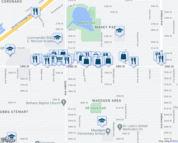 map of restaurants, bars, coffee shops, grocery stores, and more near 4114 35th Street in Lubbock