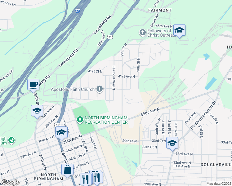 map of restaurants, bars, coffee shops, grocery stores, and more near 3921 Fairmont Way North in Birmingham