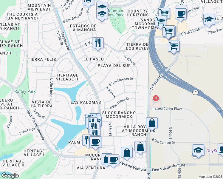 map of restaurants, bars, coffee shops, grocery stores, and more near 8532 East San Lucas Drive in Scottsdale