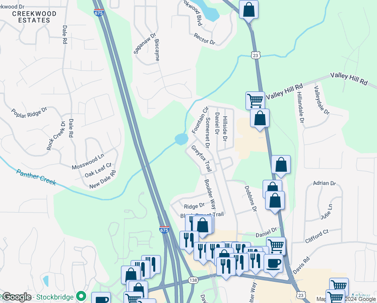 map of restaurants, bars, coffee shops, grocery stores, and more near 270 Boulder Way in Stockbridge