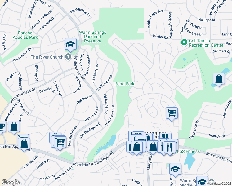 map of restaurants, bars, coffee shops, grocery stores, and more near 39638 Wild Flower Drive in Murrieta