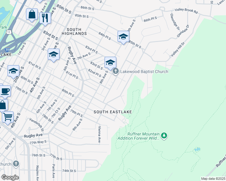 map of restaurants, bars, coffee shops, grocery stores, and more near 8201 9th Avenue South in Birmingham