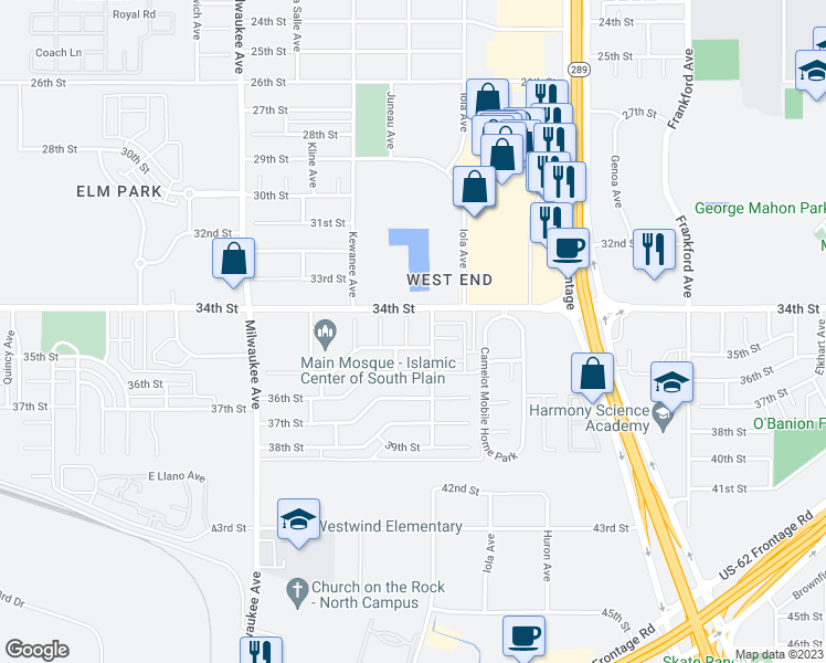 map of restaurants, bars, coffee shops, grocery stores, and more near 3407 Juneau Ave in Lubbock